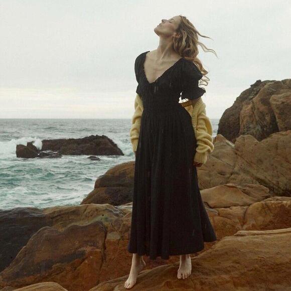 Doen Ischia Maxi Dress Smocked Puff Sleeve Solid Ruffle Badydoll Navy S 275610 - Picture 9 of 15